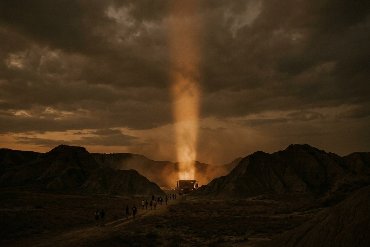 A single column of light, calling across the dusk
